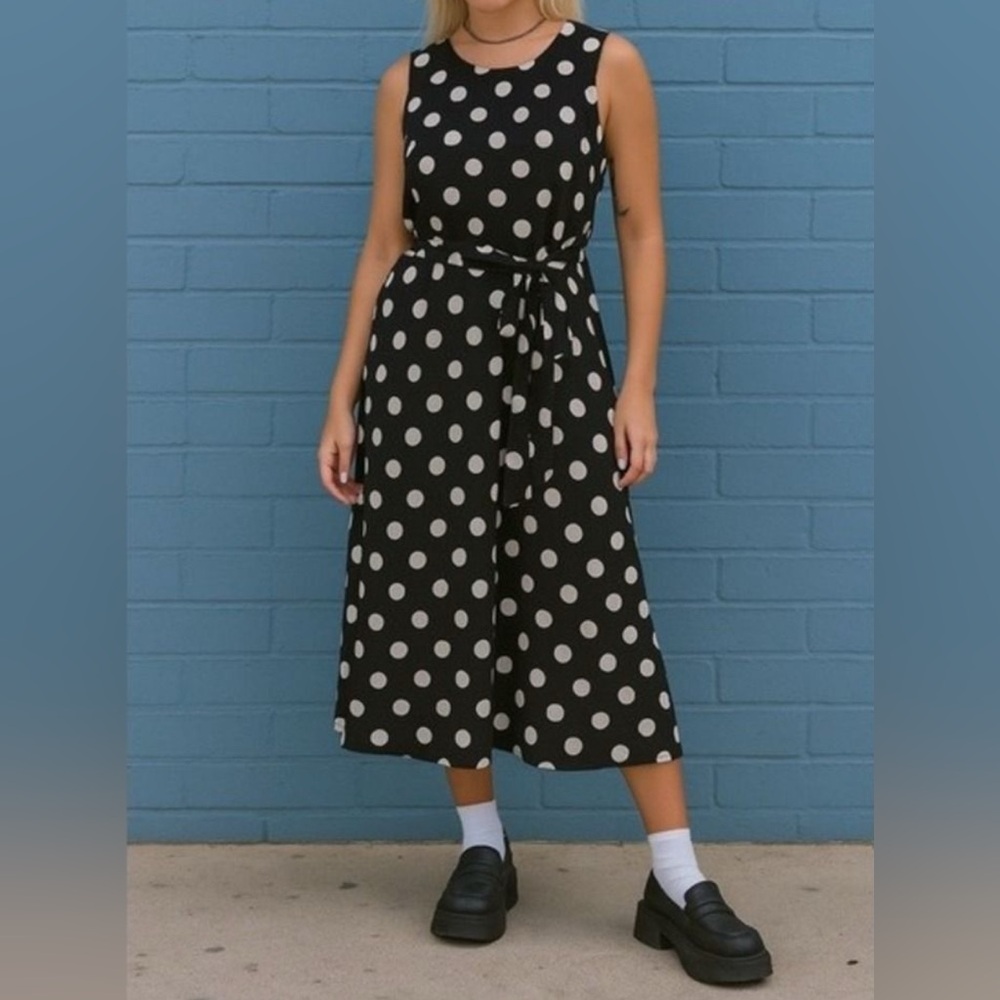 Vintage Y2K Shelby & Palmer Womens Black Polkadot TieWaist Midi Dress sz XL 90's